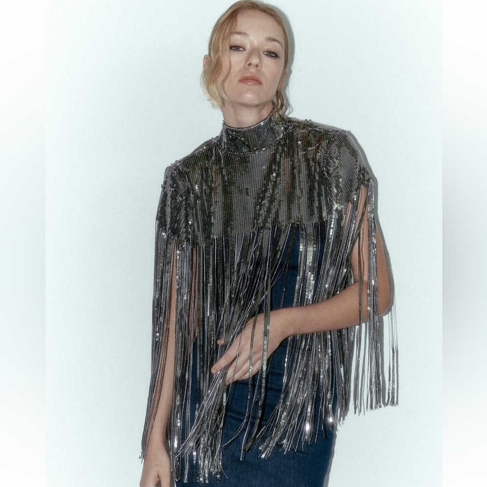 Zara Fringed Sequined Cape - NWT